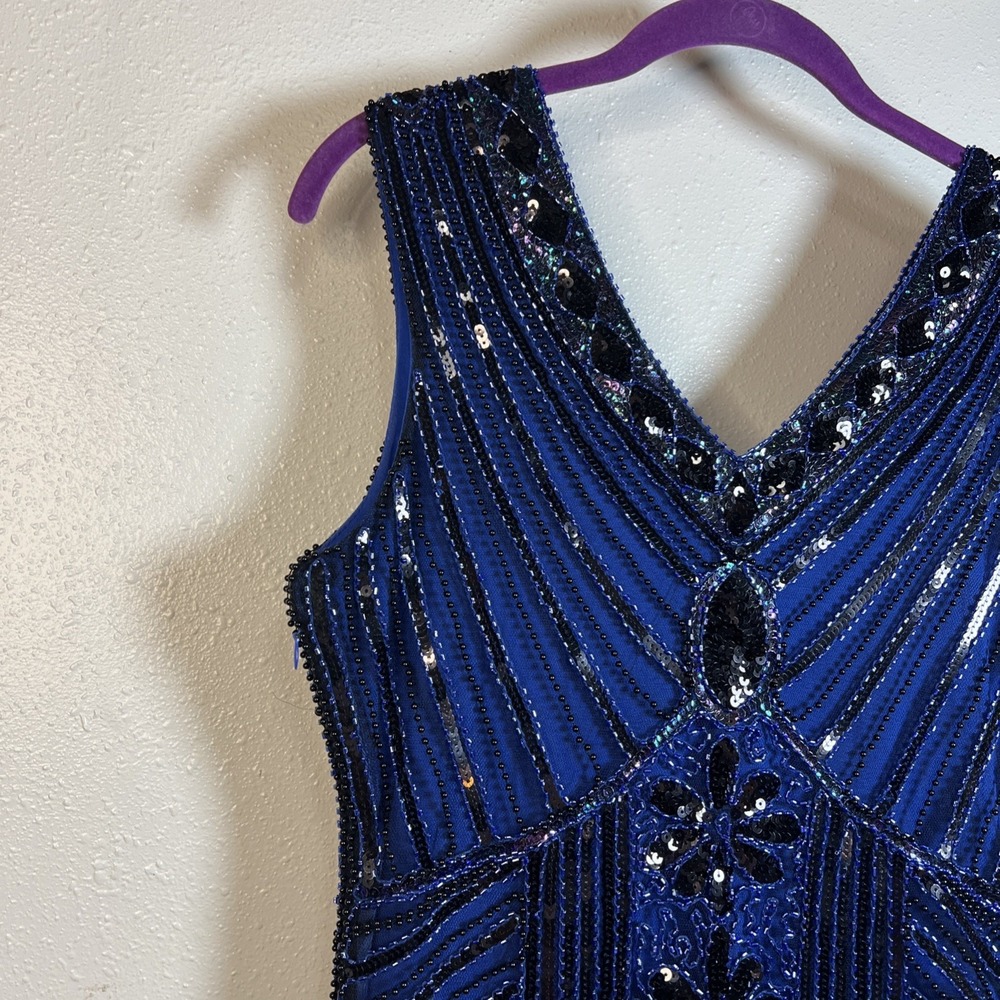 1920s Flapper Style Dress Small Blue Black Beaded Sequins Fringed Gatsby Sparkly - Picture 5 of 9